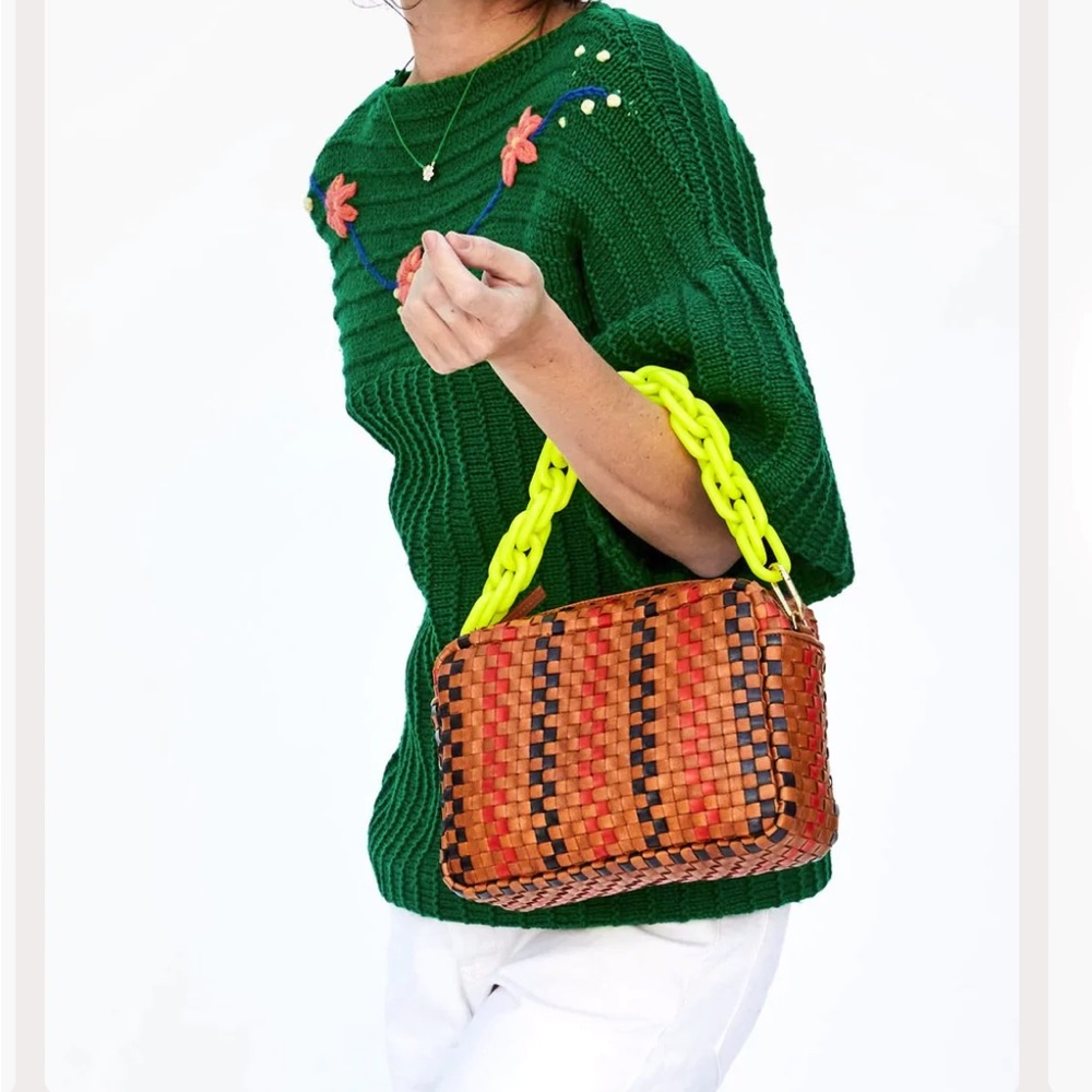 Clare V. Marisol Pinstripe Woven Checker Crossbody Bag NWT Natural Navy Red - Picture 5 of 7